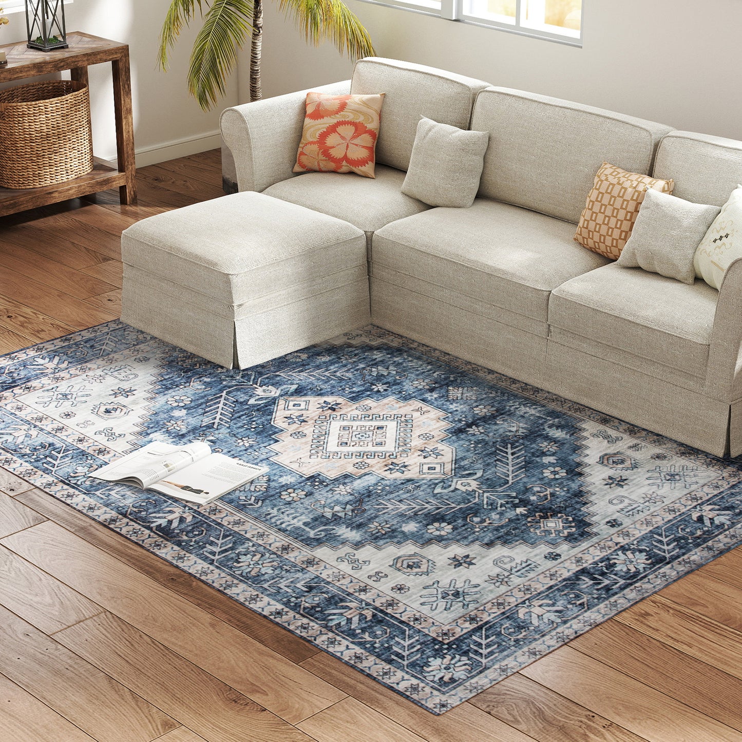 HOMCOM 6x9 Area Rug, Vintage Machine Washable Rug, Non-Slip Floor Carpet for Living Room, Bedroom, Dining Room, Blue