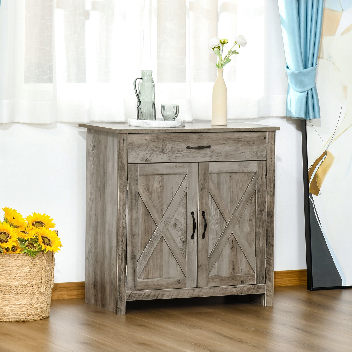 HOMCOM Farmhouse Sideboard Buffet Cabinet, Storage Cabinet with Barn Doors, Distressed Brown