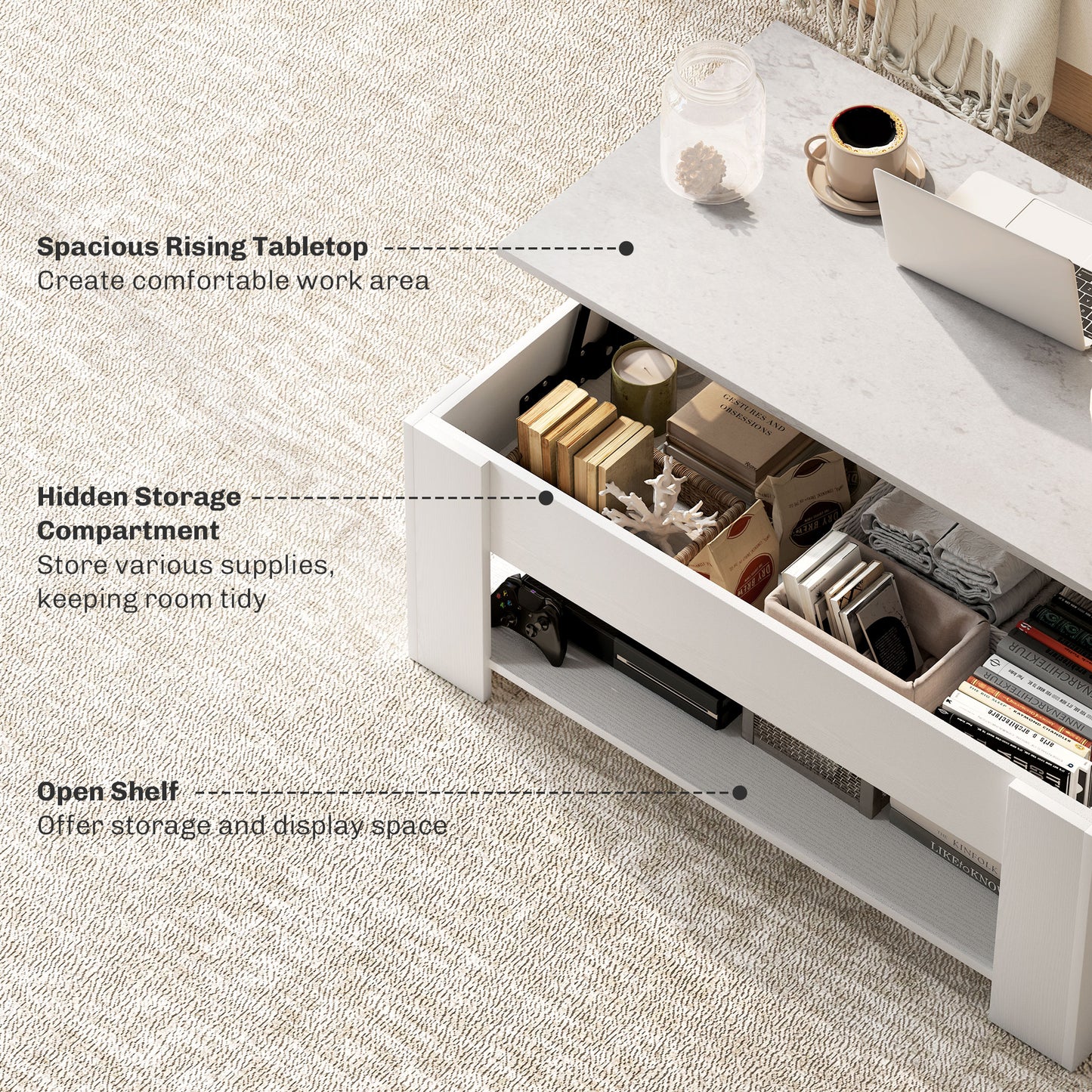 HOMCOM Lift Top Coffee Table with Hidden Storage Compartment and Open Shelf, Center Table for Living Room, Grey