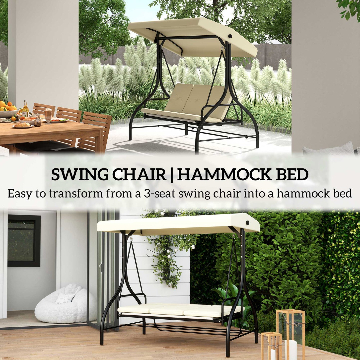 Outsunny Convertible Patio Swing Bed with Canopy and Cushions, 3 Seater Porch Swing for Outdoor, Backyard, Garden, Cream White