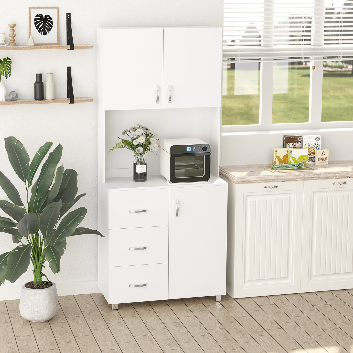 HOMCOM Freestanding Kitchen Buffet with Hutch Storage Organizer with 2 Door Cabinets, 3 Drawers and Open Countertop, Adjustable Shelf for Dining Room Pantry, White