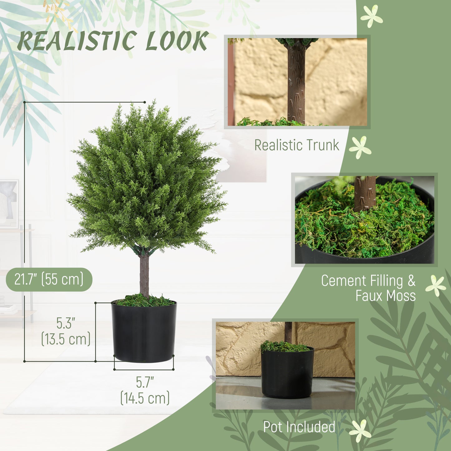 HOMCOM Set of 2 Decorative Artificial Plants, Cedar Topiary Trees in Pots, Fake Plants for Home Indoor outdoor Decor, Green