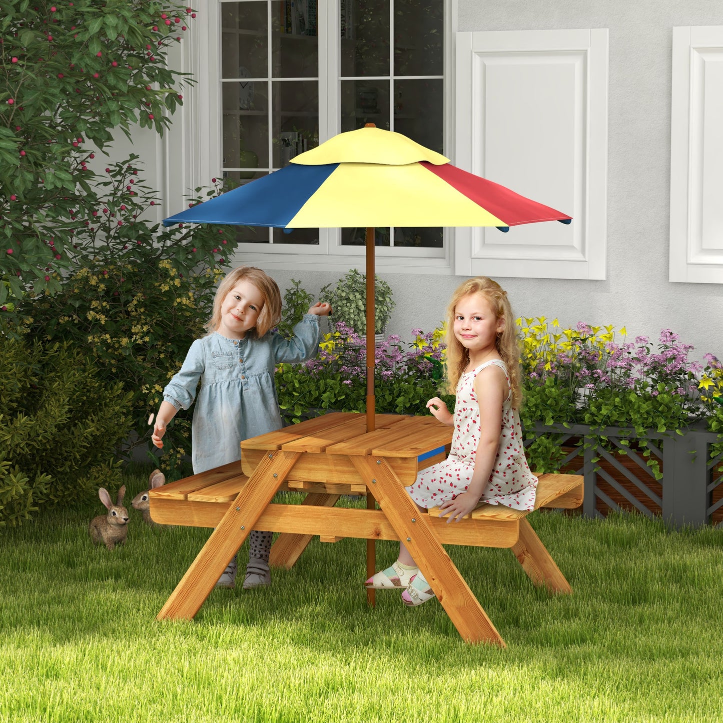 Outsunny Kids Outdoor Table Set Wooden Toddler Picnic Table and Benches for 4 Kids 3-8 Years, Easy Installation, Natural Wood
