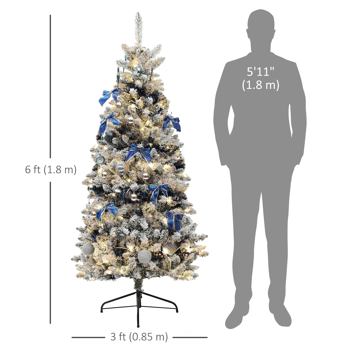HOMCOM 5ft Prelit Artificial Christmas Tree with Blue Ornaments, Flocked Christmas Tree with LED Lights for Holiday