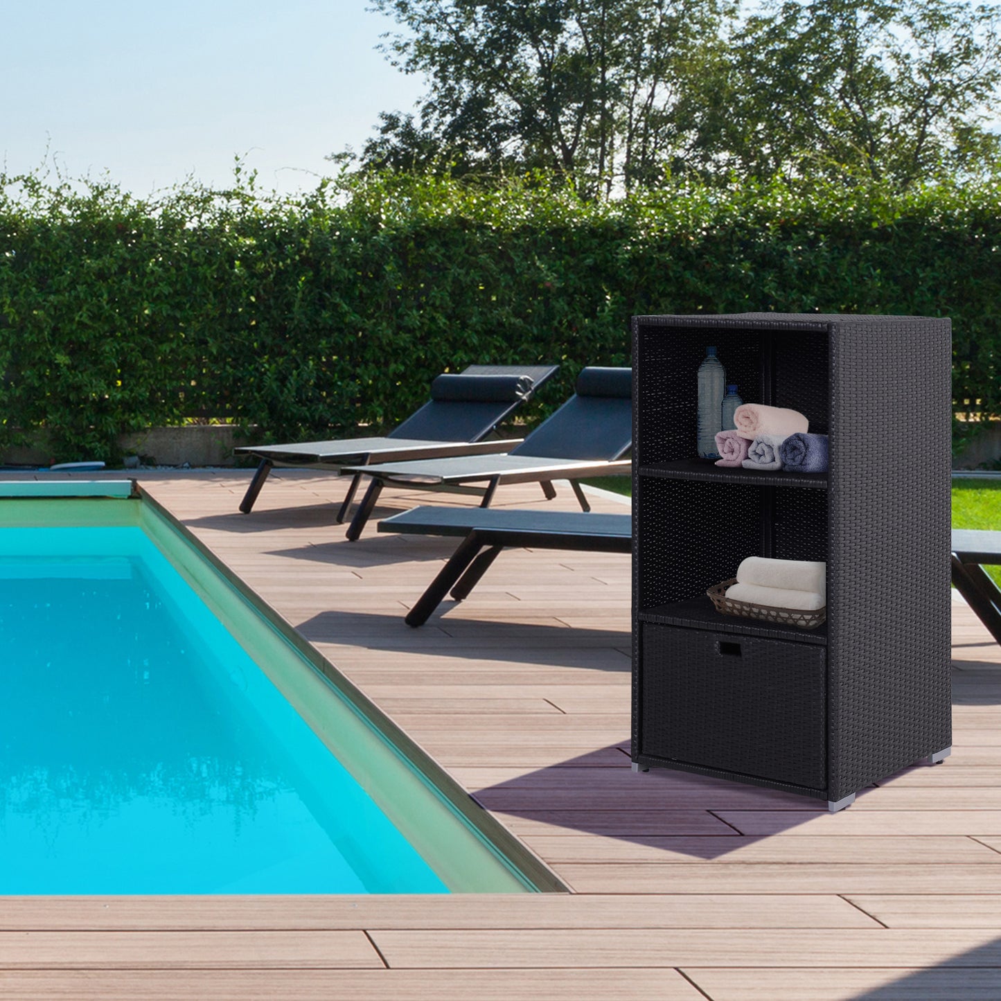Outsunny Outdoor Storage Cabinet, Patio Storage Box Rack Rattan Wicker Pool Towel Valet Organizer Poolside Garden Lawn Bathroom Furniture Shelf w/ Shelf Drawer, Dark Brown