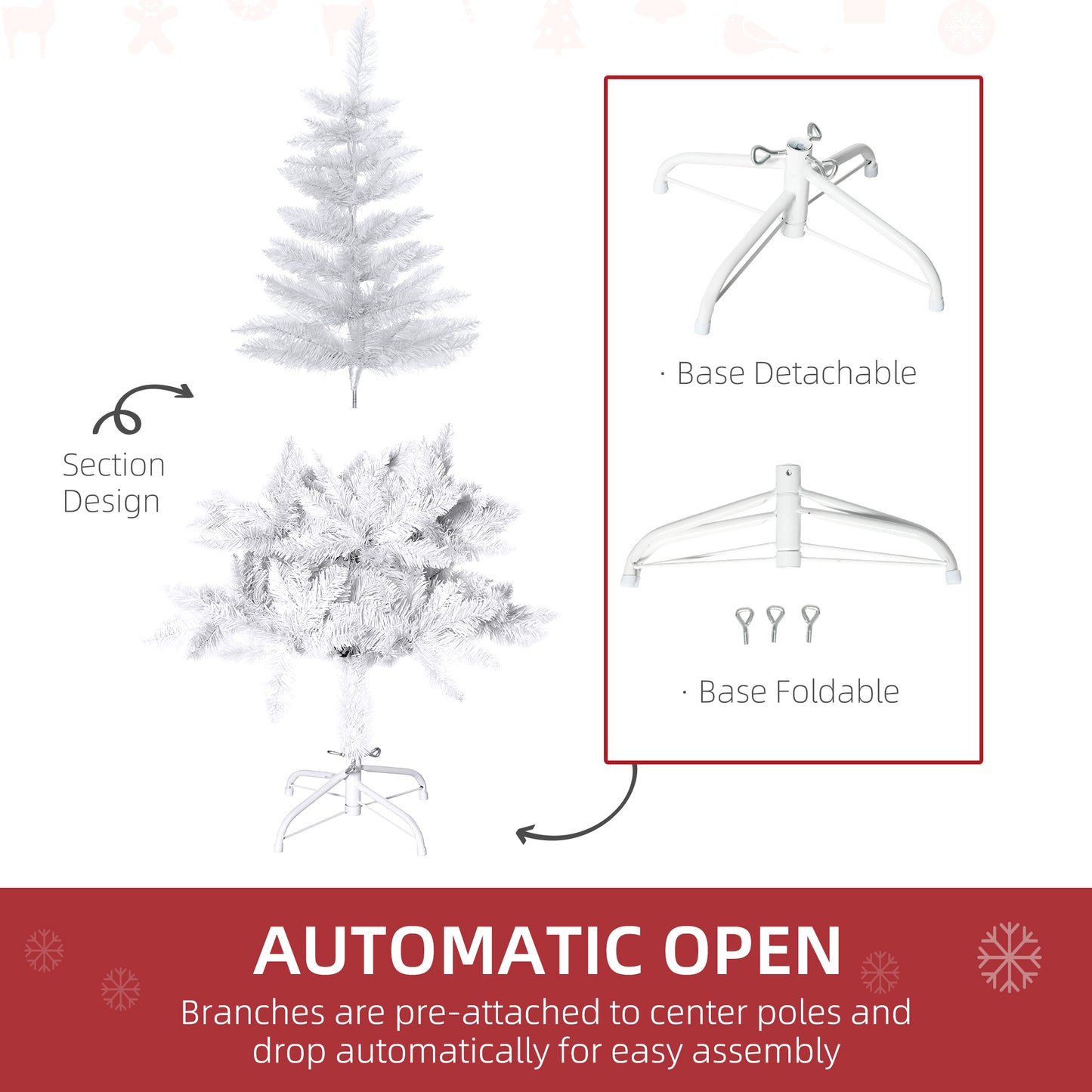HOMCOM 5ft Artificial Christmas Tree with Pine Realistic Branches, Auto Open, for Indoor Decoration, White