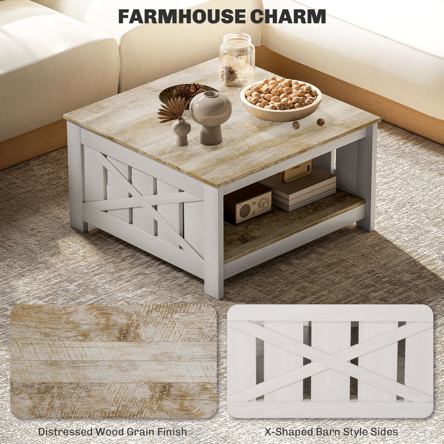 HOMCOM 31.5" Square Coffee Table, Farmhouse 2-Tier Center Table for Living Room, Distressed Oak and Brown