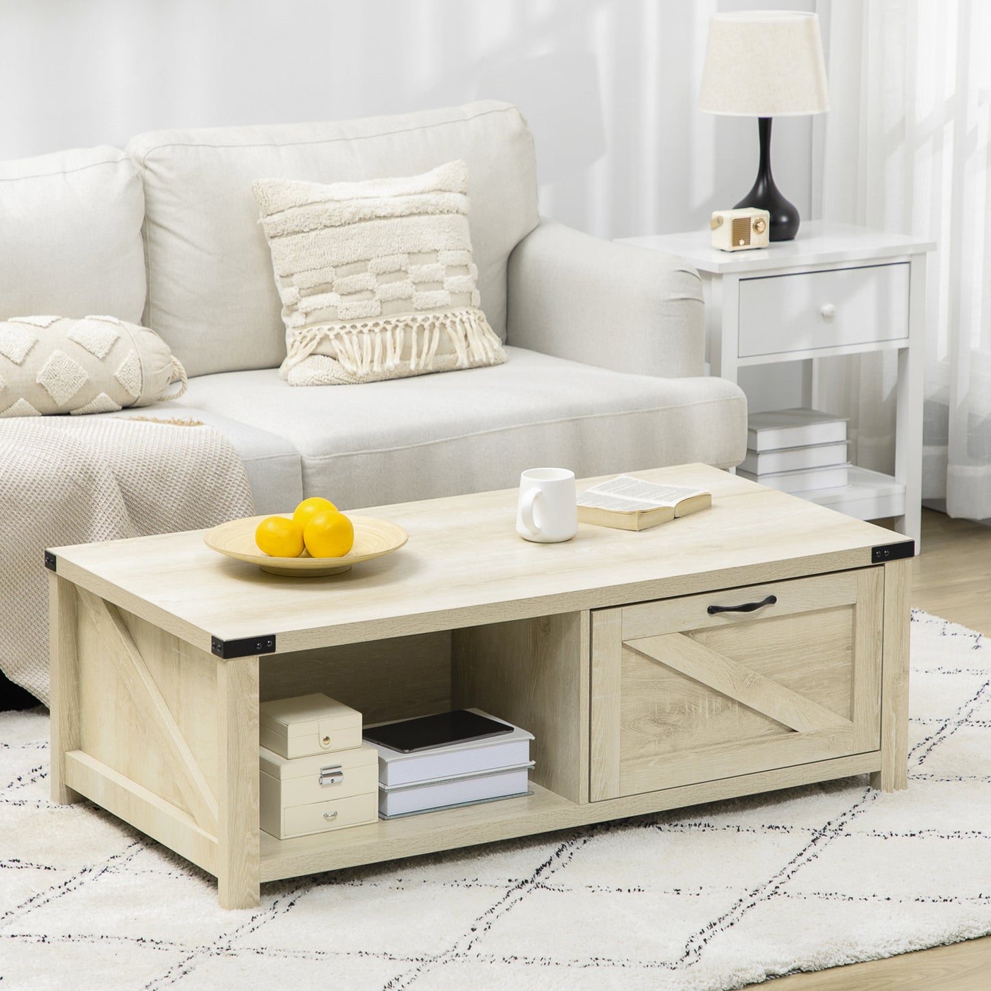 HOMCOM Industrial Coffee Table Side End Table with Drawer, Open Storage Shelf, Modern Farmhouse Furniture, for Living Room, Dining Room, Office, White Oak