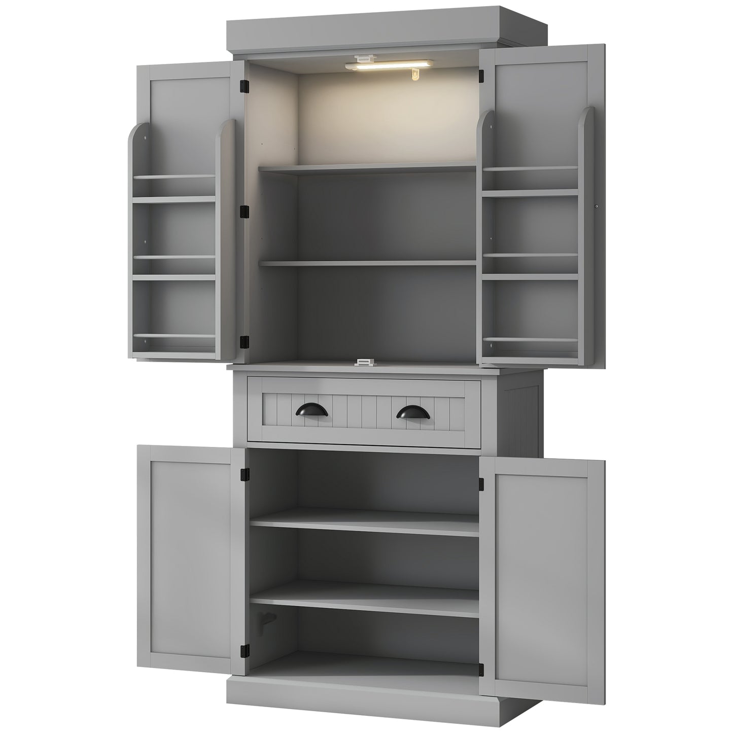 HOMCOM 71" Kitchen Pantry Cabinet with LED Lights, 6 Spice Racks, a Drawer and 4 Adjustable Shelves, White