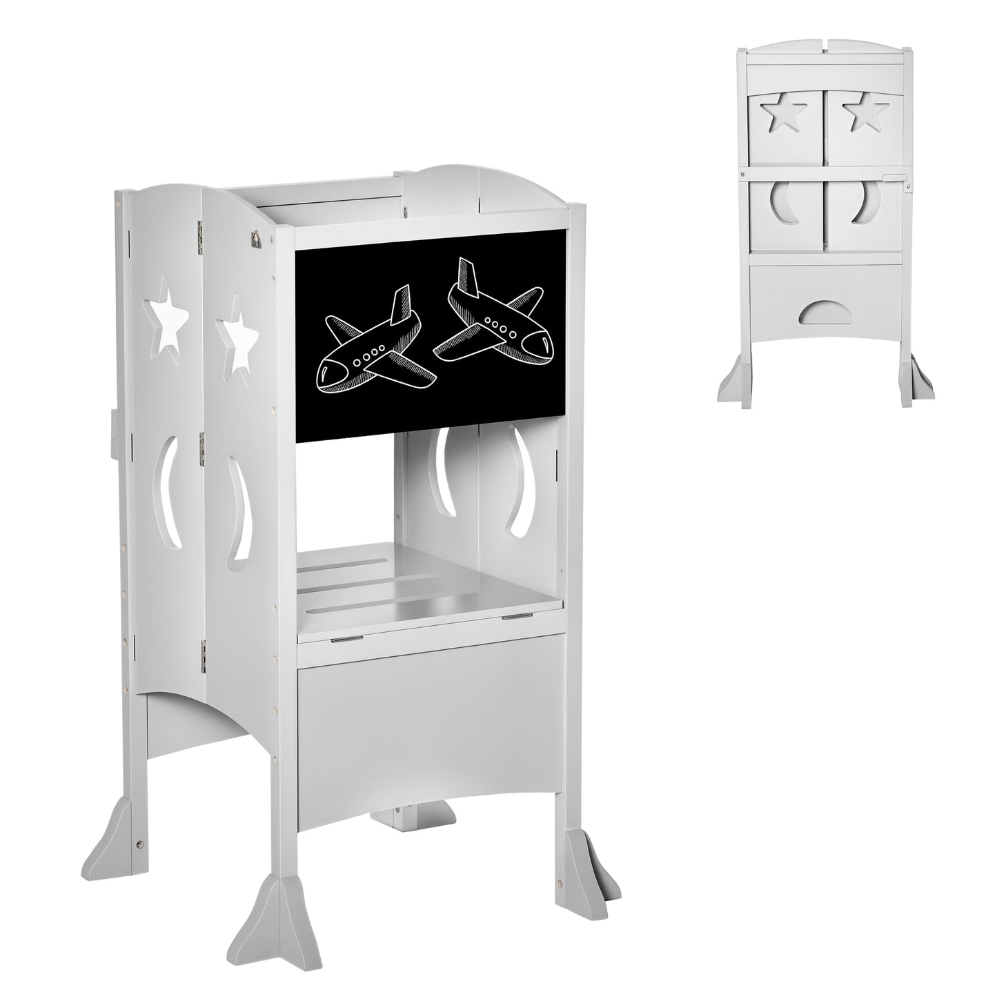Qaba Kids Kitchen Helper Foldable Step Stool Toddler Kitchen Stool with Blackboard Lockable Handrail for 3-6 Years old Grey