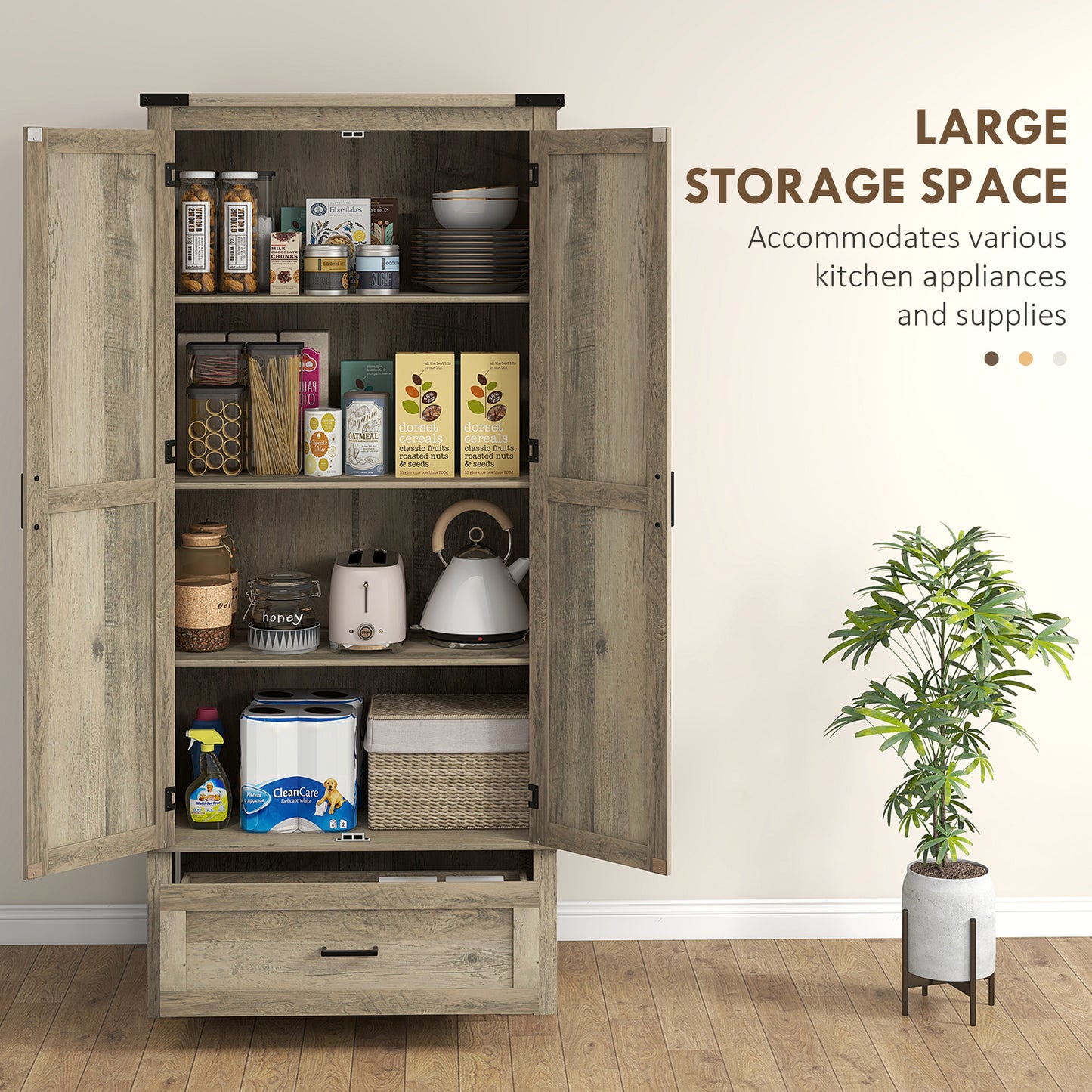 HOMCOM 69" Tall Farmhouse Kitchen Pantry Cabinet with 2 Doors, Drawer and Adjustable Shelves, Black Wood Grain