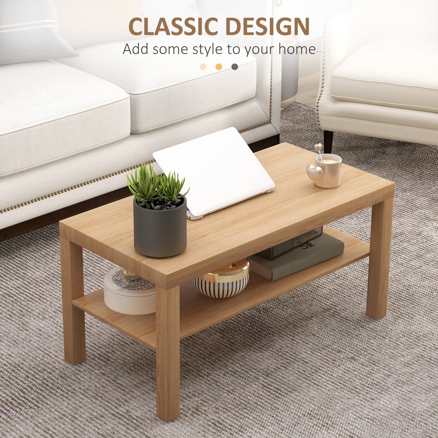 HOMCOM 2 Tier Coffee Table with Storage Shelf, Rectangular Center Table for Living Room, Home Office Furniture Walnut