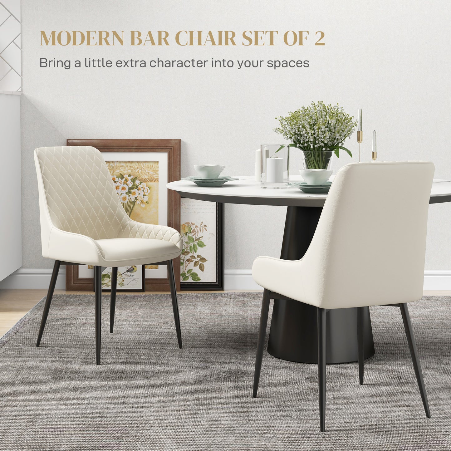 HOMCOM Upholstered Kitchen Chairs, Modern Dining Chairs Set of 2 with Diamond Tufting and Steel Legs for Dining Room, Black