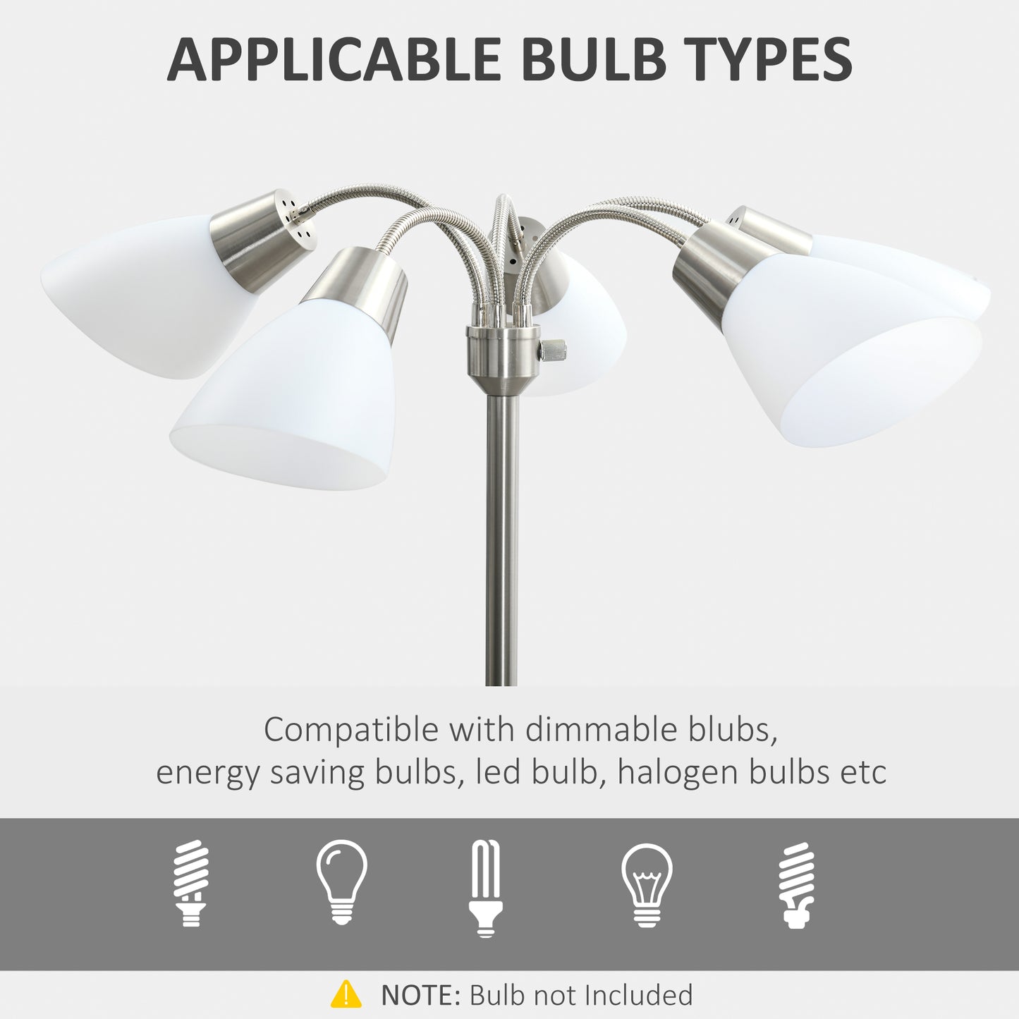 HOMCOM Arc Tree Floor Lamp with 5 Adjustable Rotating Lights, Modern Standing Gooseneck Reading Light for Living Room Bedroom Office, Satin Nickel