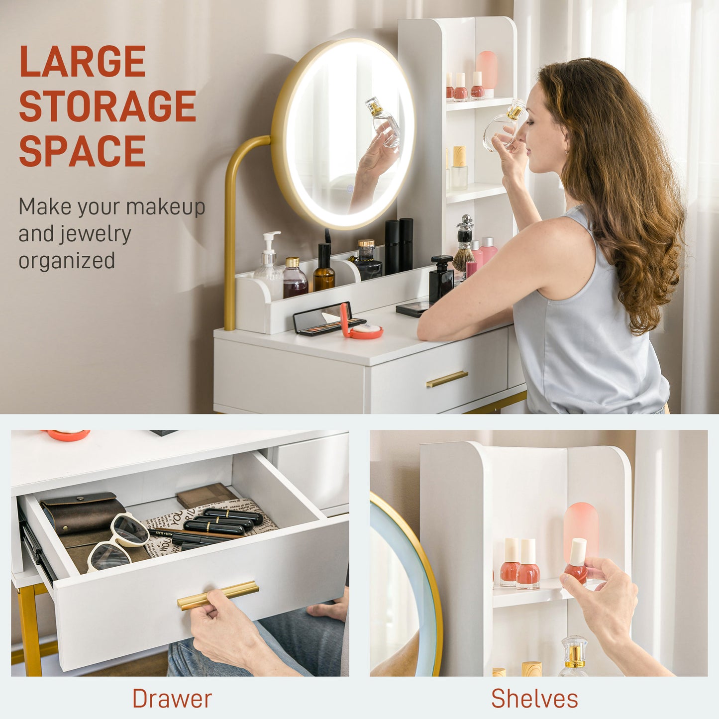 HOMCOM Makeup Vanity Desk Set with Mirror, Stool, LED Lights, Drawers, Shelves, Dressing Table for Bedroom, White