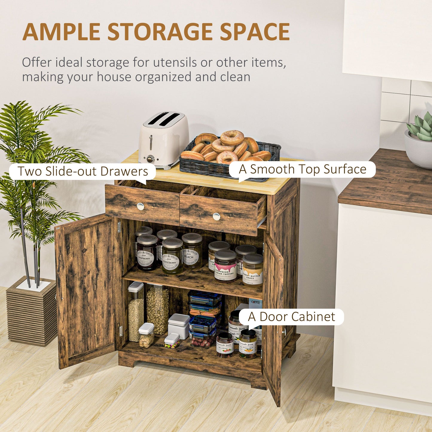 HOMCOM Sideboard Buffet Cabinet with Storage, 27" Kitchen Cabinet with Adjustable Shelf, 2 Drawers and 2 Doors, Coffee Bar Cabinet with Rubberwood Tabletop, White