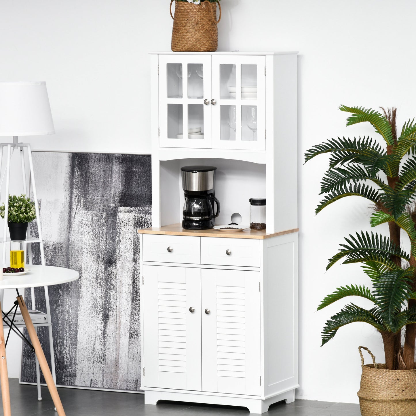 HOMCOM Coastal Style Kitchen Buffet and Hutch Wooden Storage Cupboard with Framed Glass Door LouveredCabinet Drawers Microwave Space for Dining Room Living Room White