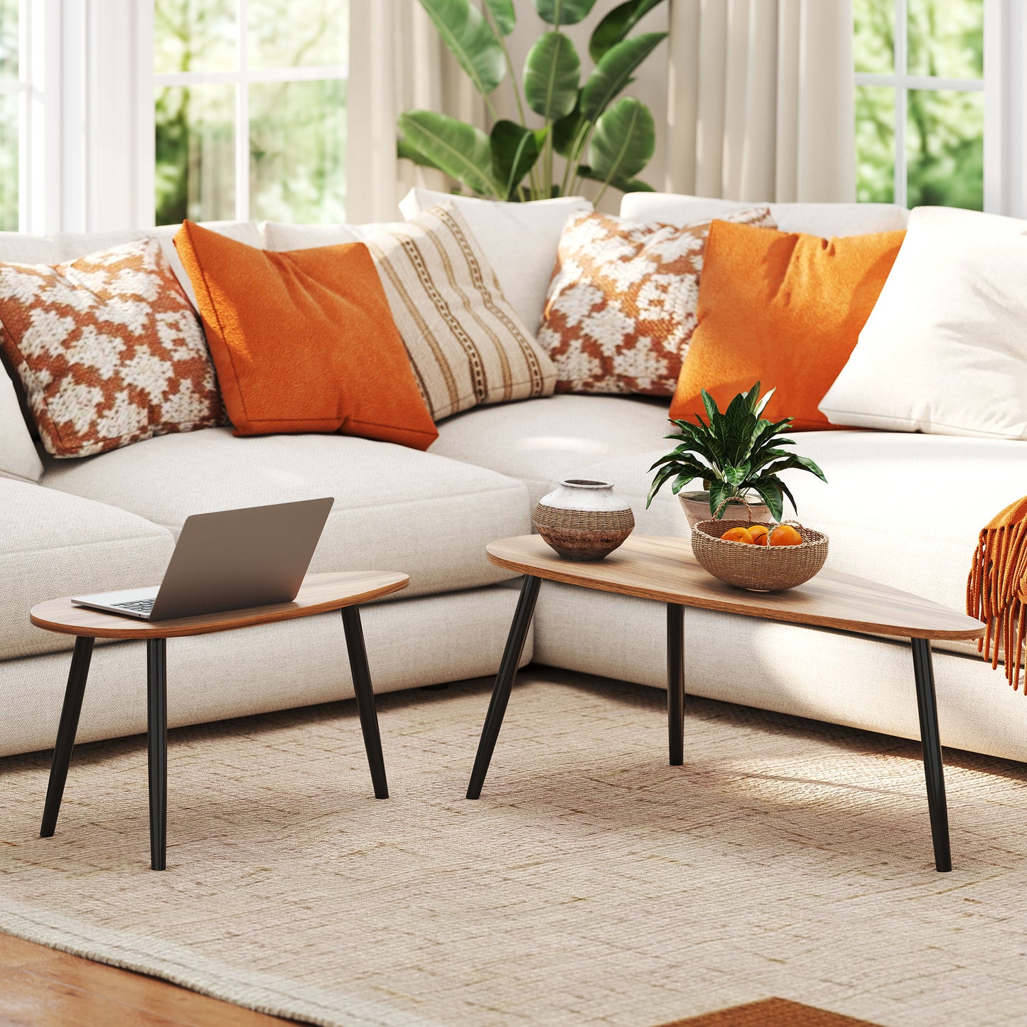 HOMCOM 2 Pieces Coffee Table Set for Living Room, Industrial Nest of Tables with Steel Legs, Brown
