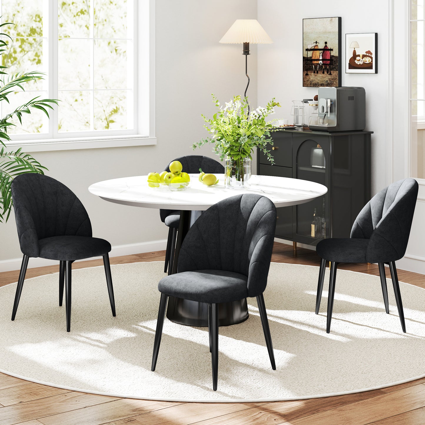 HOMCOM Modern Dining Chairs Set of 4, Upholstered Dining Room Chairs with Metal Legs, Shell Backrest, Padded Seat, Black