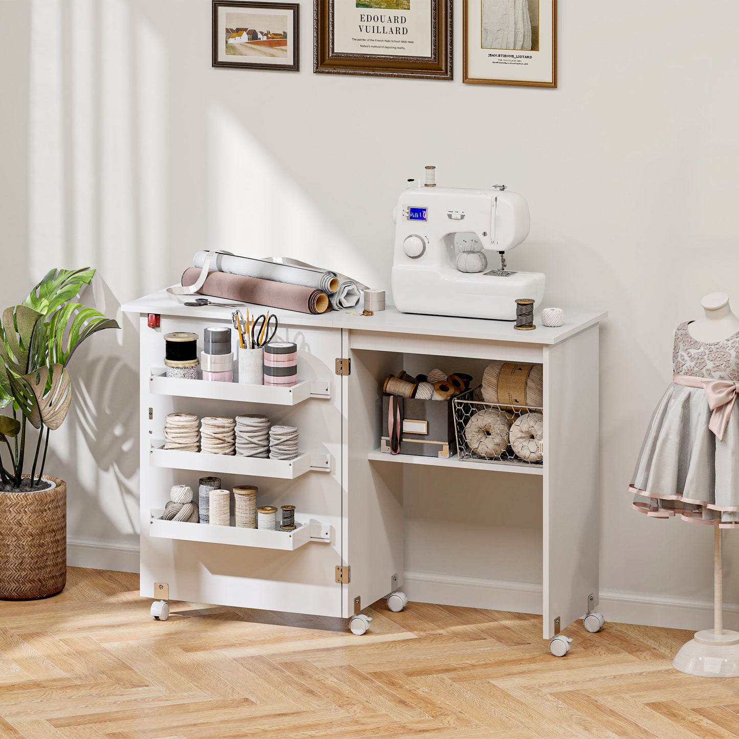 HOMCOM Sewing Machine Cabinet, Folding Sewing Table with Storage Shelf, Bins and Lockable Wheels for Small Space, White