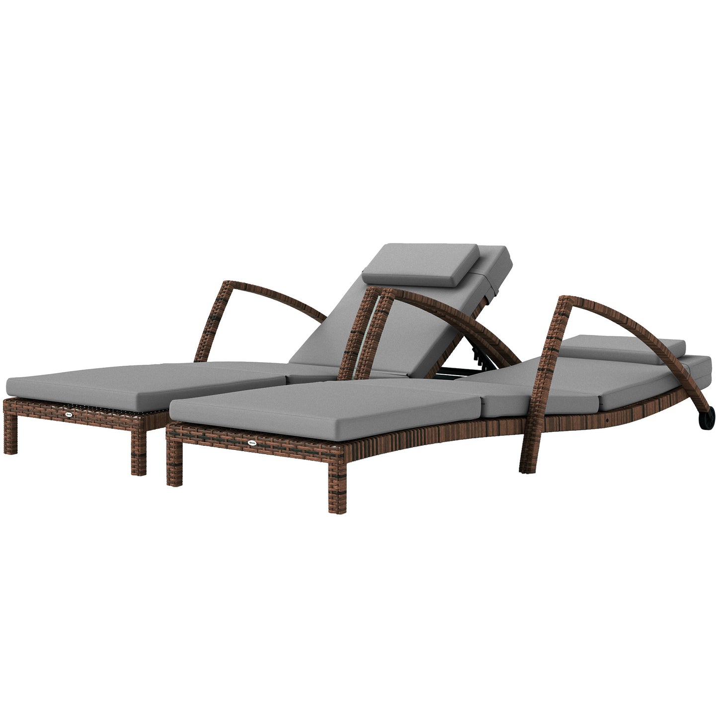 Outsunny Set of 2 Wicker Chaise Lounge Chair Outdoor Patio Lounger with 5 Adjustable Back, Wheels, Cushion and Armrests, Blue