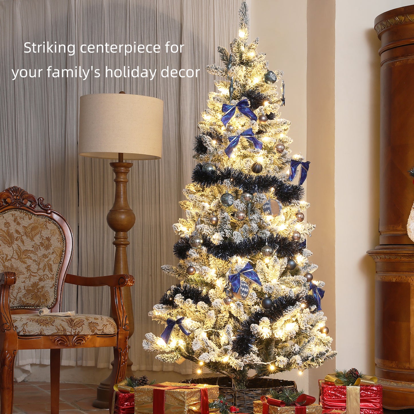 HOMCOM 5ft Prelit Artificial Christmas Tree with Blue Ornaments, Flocked Christmas Tree with LED Lights for Holiday