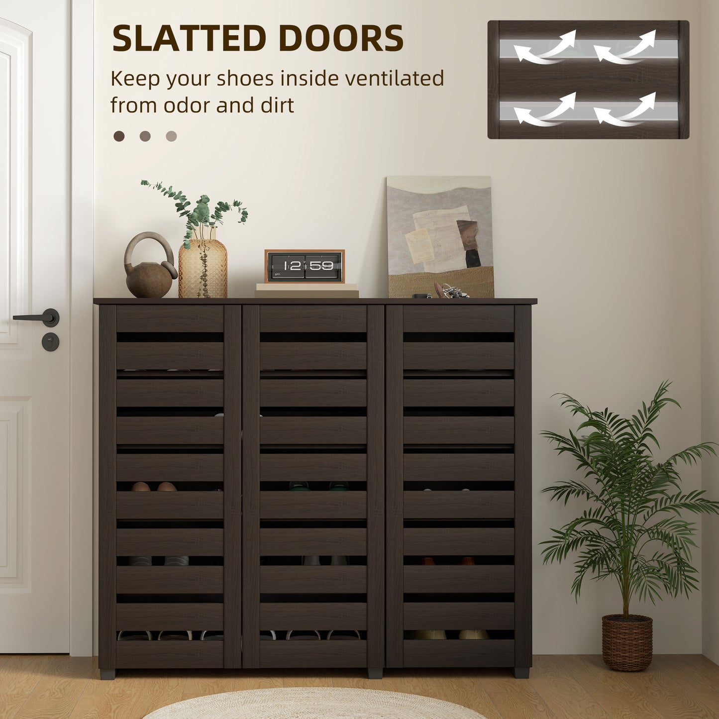 HOMCOM Narrow Shoe Cabinet with Slatted Doors, Adjustable Shelves for 20 Pairs of Shoes, Shoe Cabinet for Entryway, Dark Brown