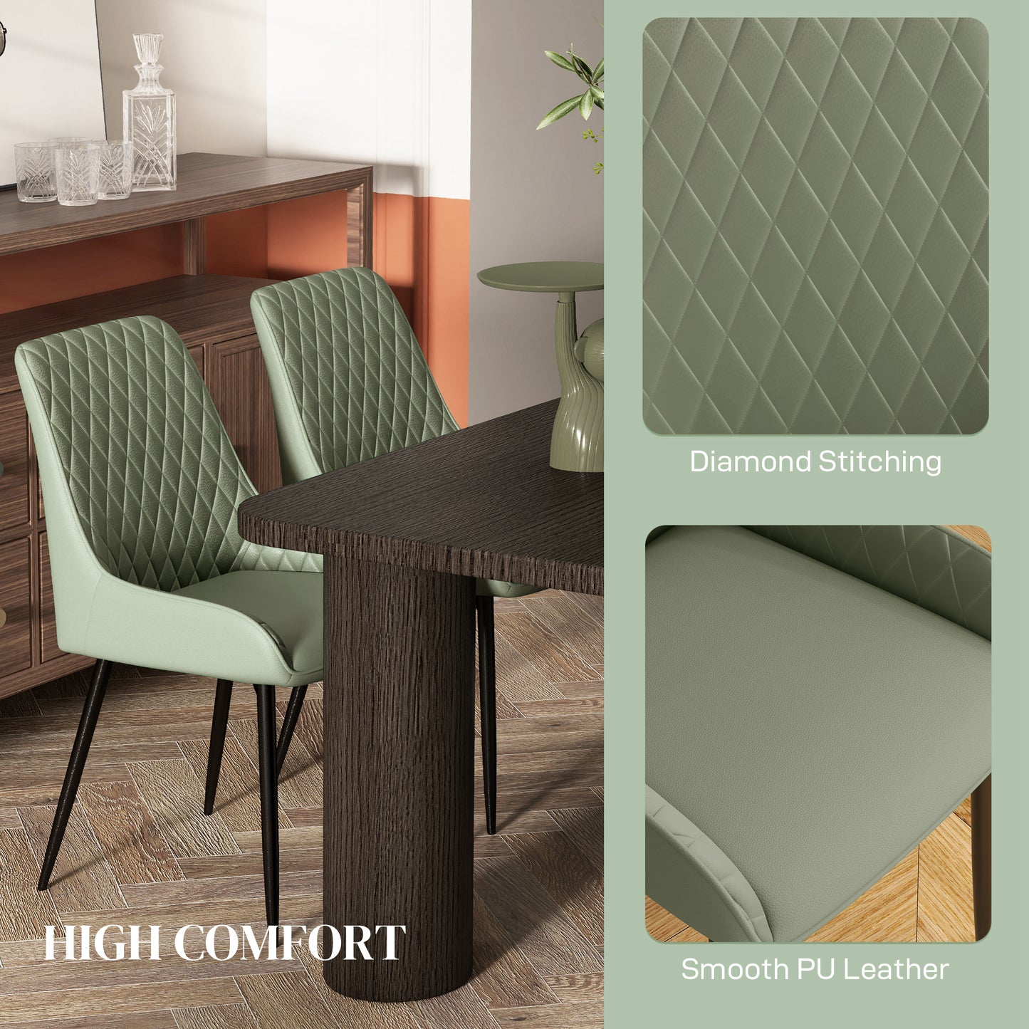 HOMCOM Upholstered Kitchen Chairs, Modern Dining Chairs Set of 2 with Diamond Tufting and Steel Legs for Dining Room, Black