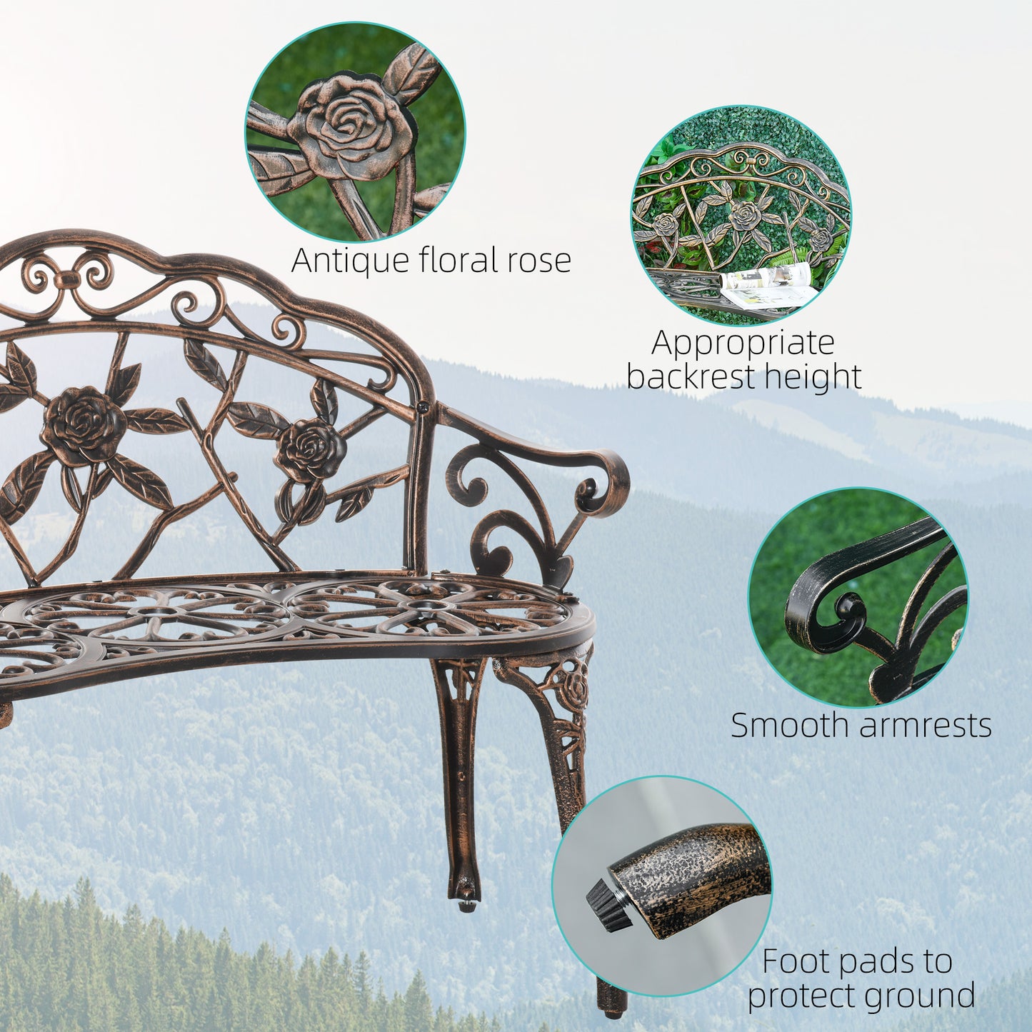 Outsunny 40" Outdoor Garden Bench, Cast Aluminum Antique Rose Style Patio Garden Park Loveseat Bench for Backyard, Porch, Balcony, Lawn, Bronze