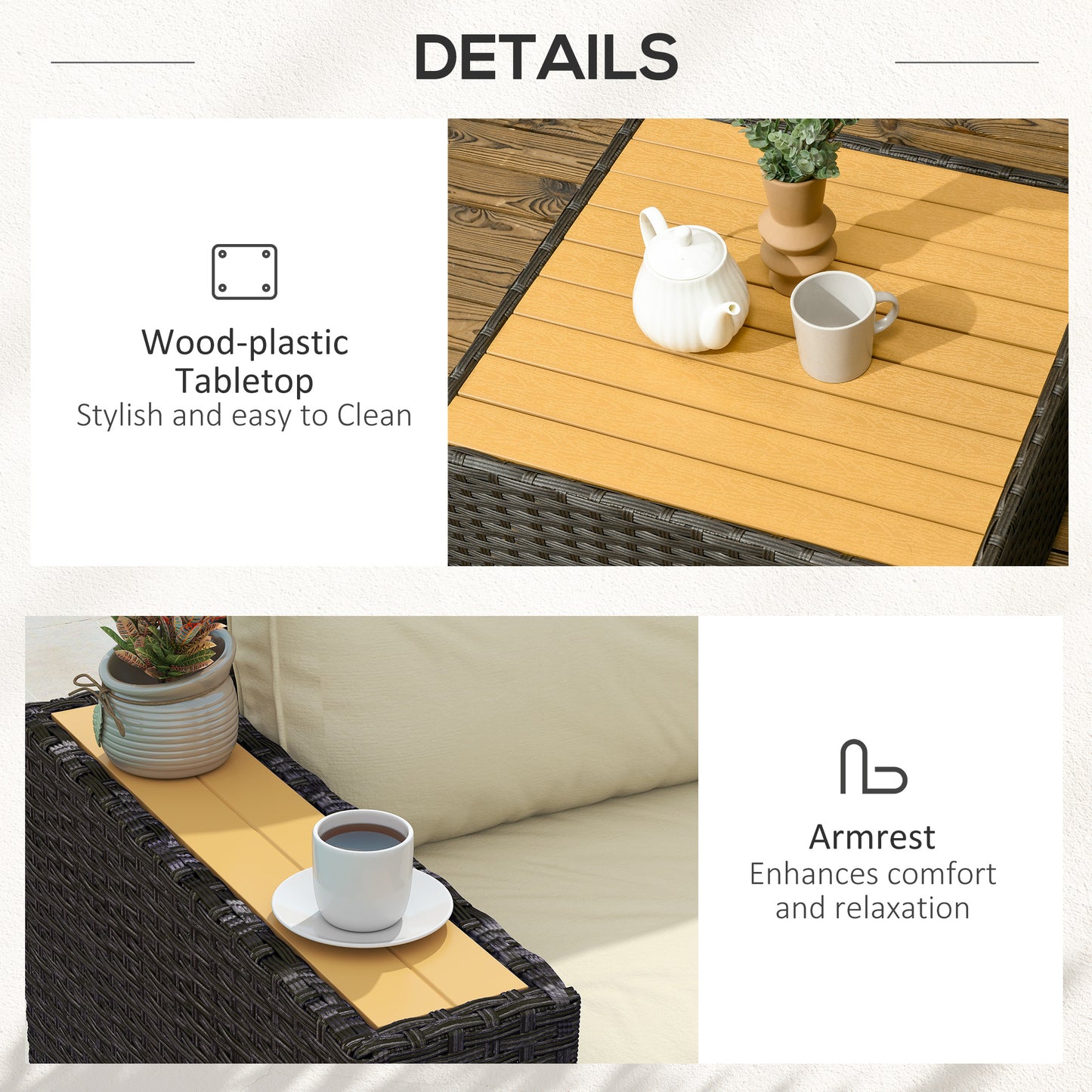 Outsunny 6 Pieces Outdoor Rattan Patio Furniture Set with Corner Sofa, Wood-Plastic Coffee Table, Navy Blue