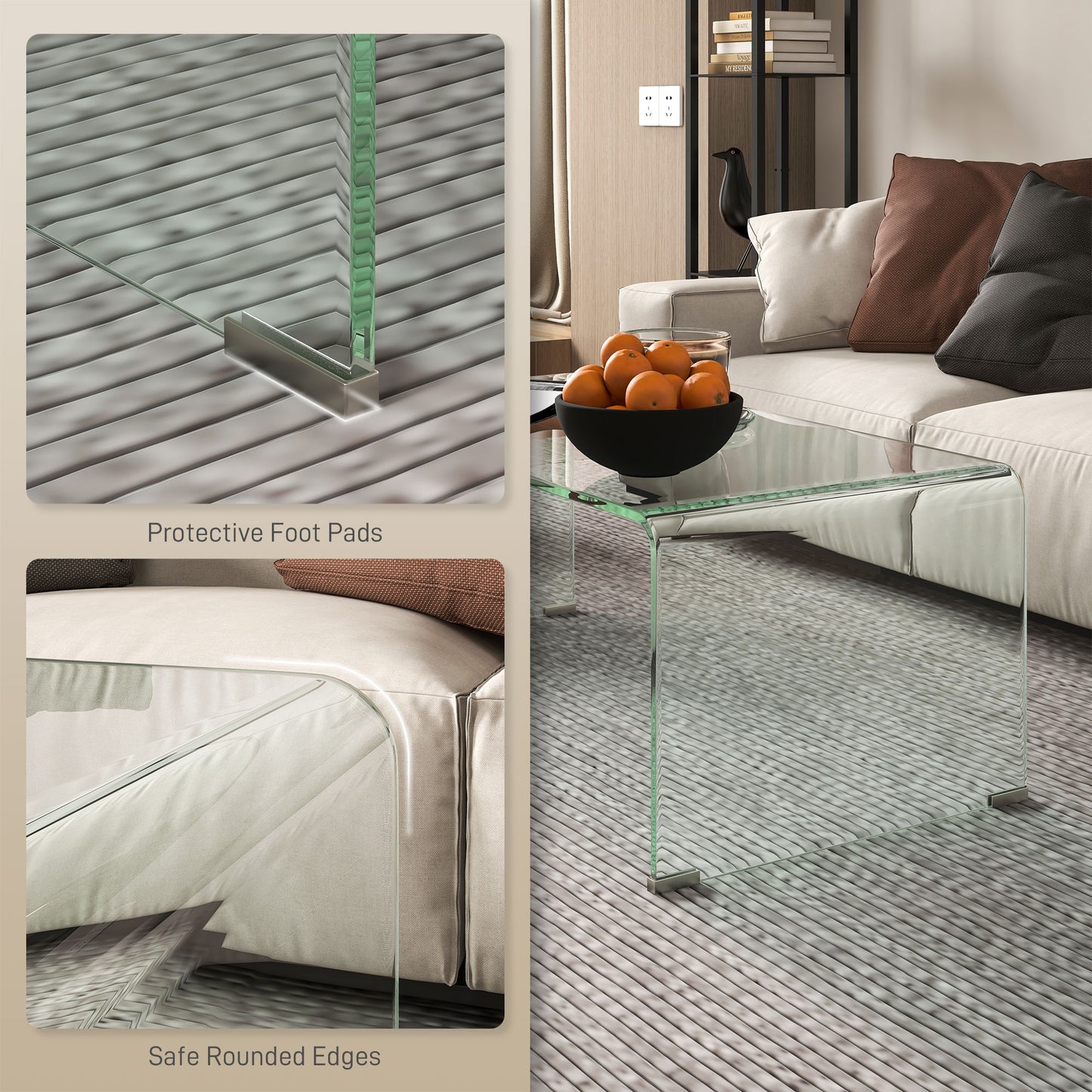 HOMCOM Glass Coffee Table, Clear Coffee Table for Living Room, Modern Rectangle Center Table with Safe Rounded Edges