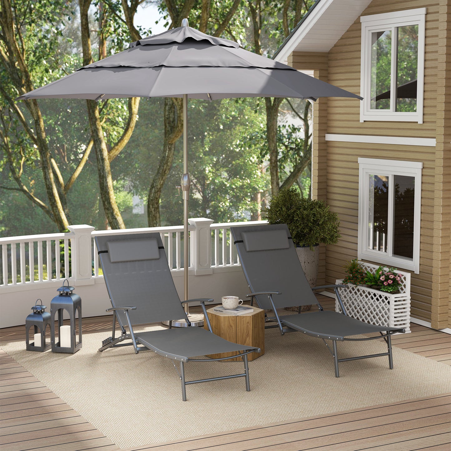 Outsunny Folding Chaise Lounge Chair Set of 2, Reclining Outdoor Lounge Chair Set with Quick Drying Pad Headrest Side Pocket, Tanning Chair Set for Beach Garden Pool, Light Grey