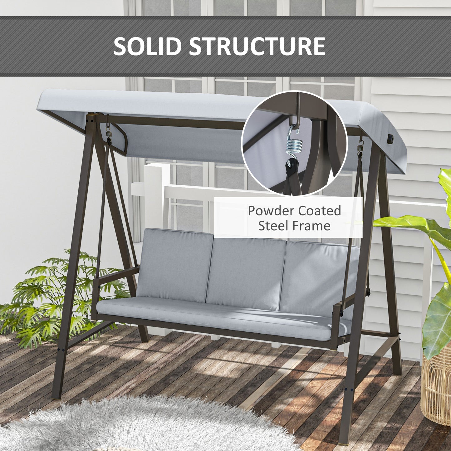 Outsunny 3 Seater Patio Swing Chair, Porch Swing with Adjustable Canopy and Removable Cushions, Outdoor Swing Seat, Beige