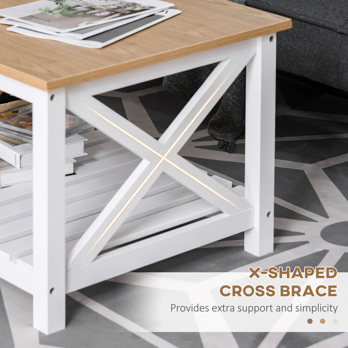 HOMCOM Farmhouse Coffee Table with Slatted Bottom Shelf, Center Table with X Bar Frame for Living Room, White, Natural