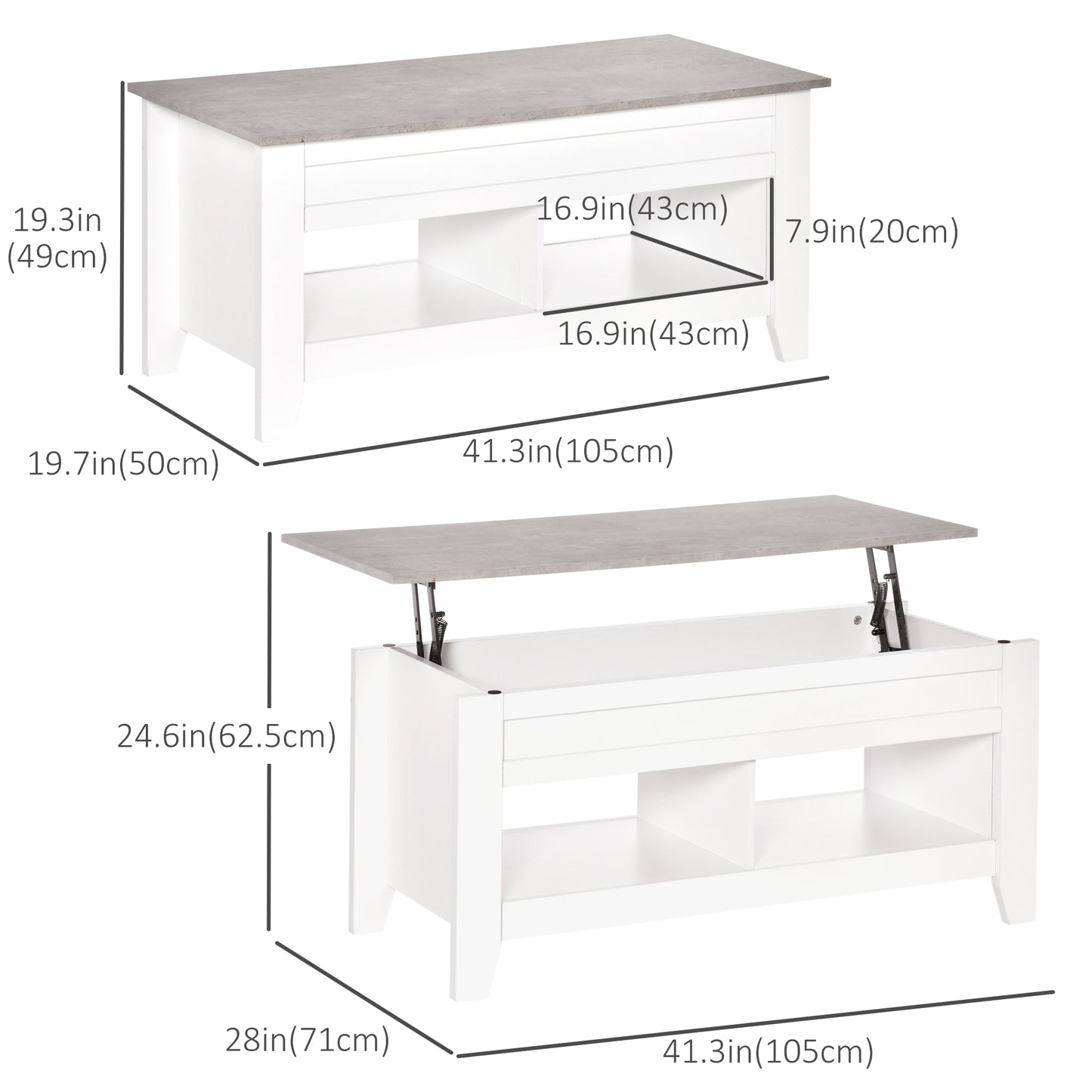 HOMCOM Lift Top Coffee Table with Hidden Storage Compartment and Open Shelves, Lift Tabletop Pop-Up Center Table for Living Room, White