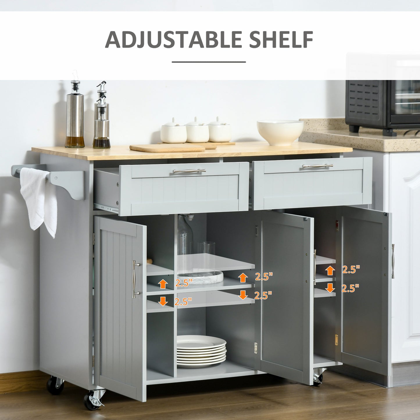 HOMCOM Modern Kitchen Island, Utility Kitchen Serving Cart with 2 Storage Drawers & Cabinets for Dining Room, Black