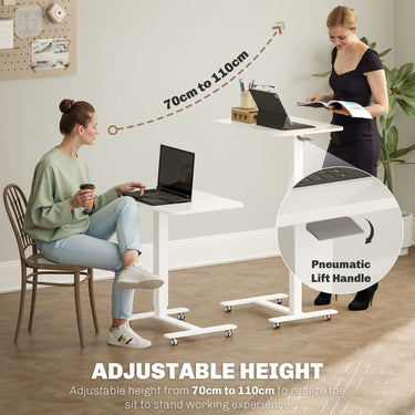 HOMCOM Pneumatic Standing Desk Adjustable Height, Mobile Stand Up Desk with Wheels, 43 Inch Portable Rolling Table, White