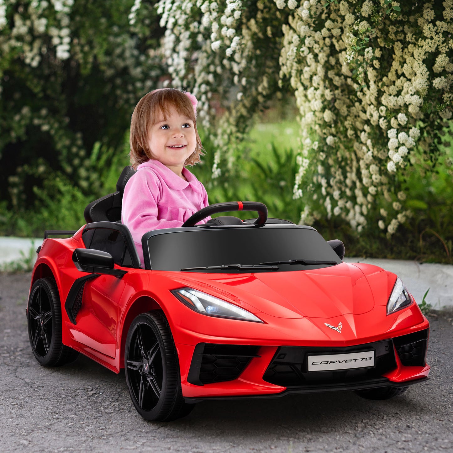 Qaba 12V Kids Electric Car Corvette Licensed w/ Remote Control, Suspension System, Music, Headlight, Slow Start, Red