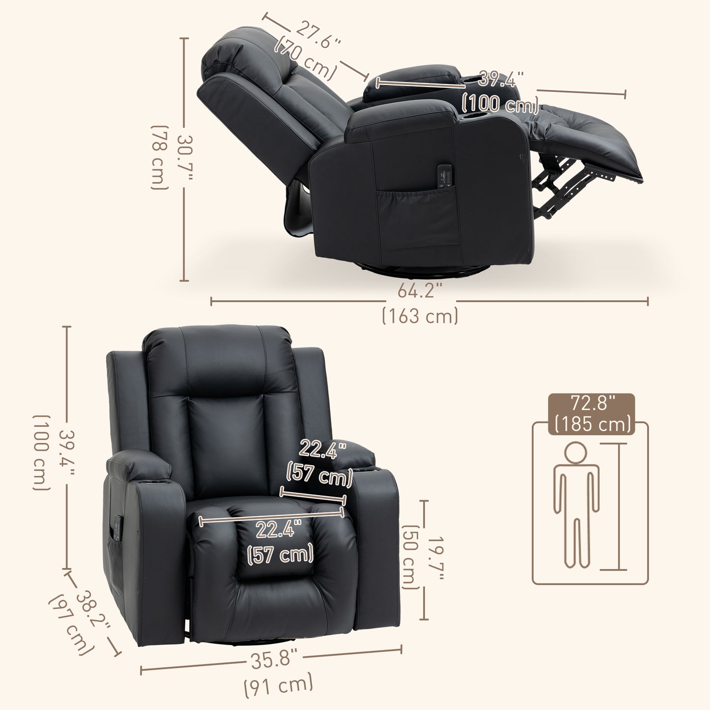 HOMCOM Swivel Massage Recliner Chair Rocker, Overstuffed Manual Reclining Sofa, PU Leather Rocking Chair with Side Pockets, Cup Holders, for Living Room, Nursery, Brown