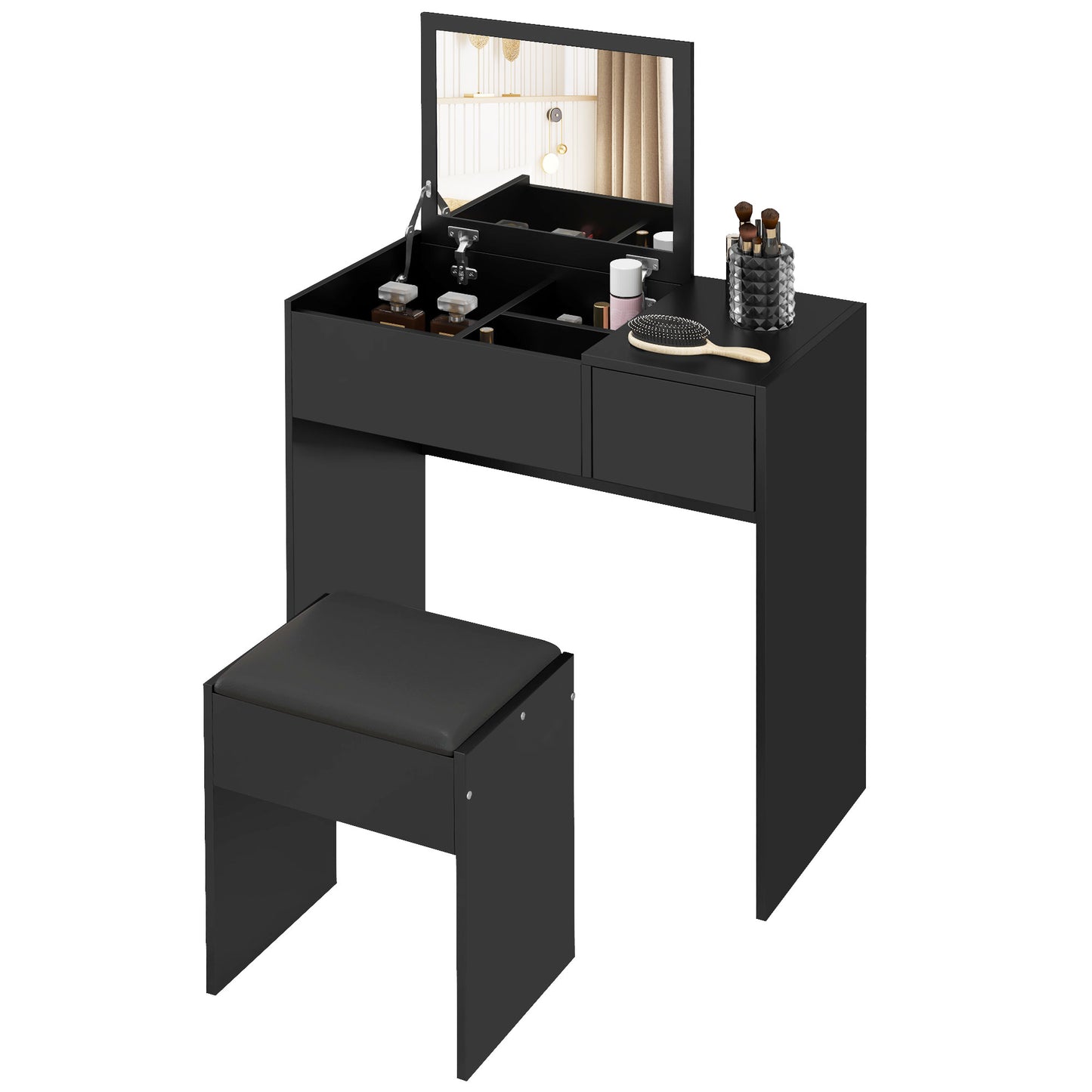 HOMCOM Modern Vanity Set with Flip Top Mirror and Cushioned Stool, Dressing Table with Storage Drawer for Bedroom, White