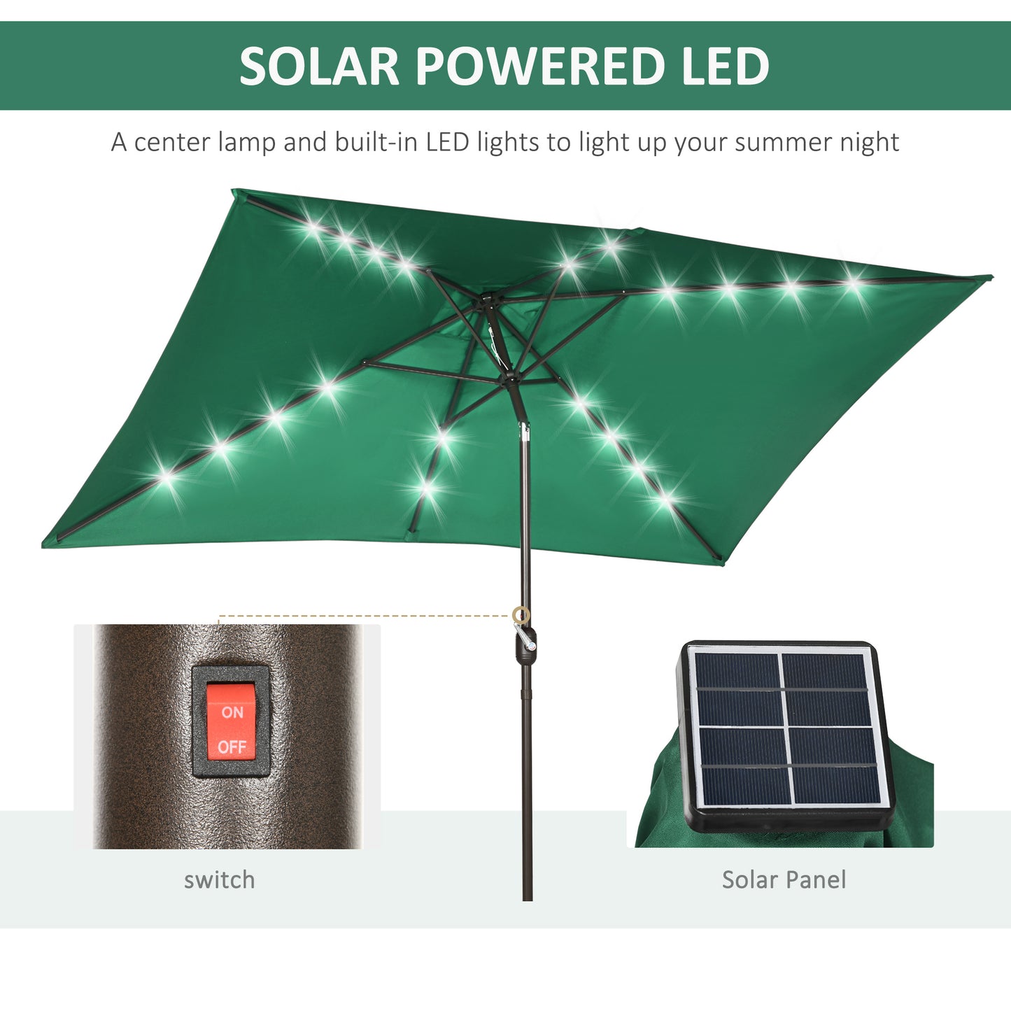 Outsunny 6.5x10ft Patio Umbrella Rectangle Solar Powered Tilt Aluminum Outdoor Market Parasol with LEDs Crank (Turquoise)
