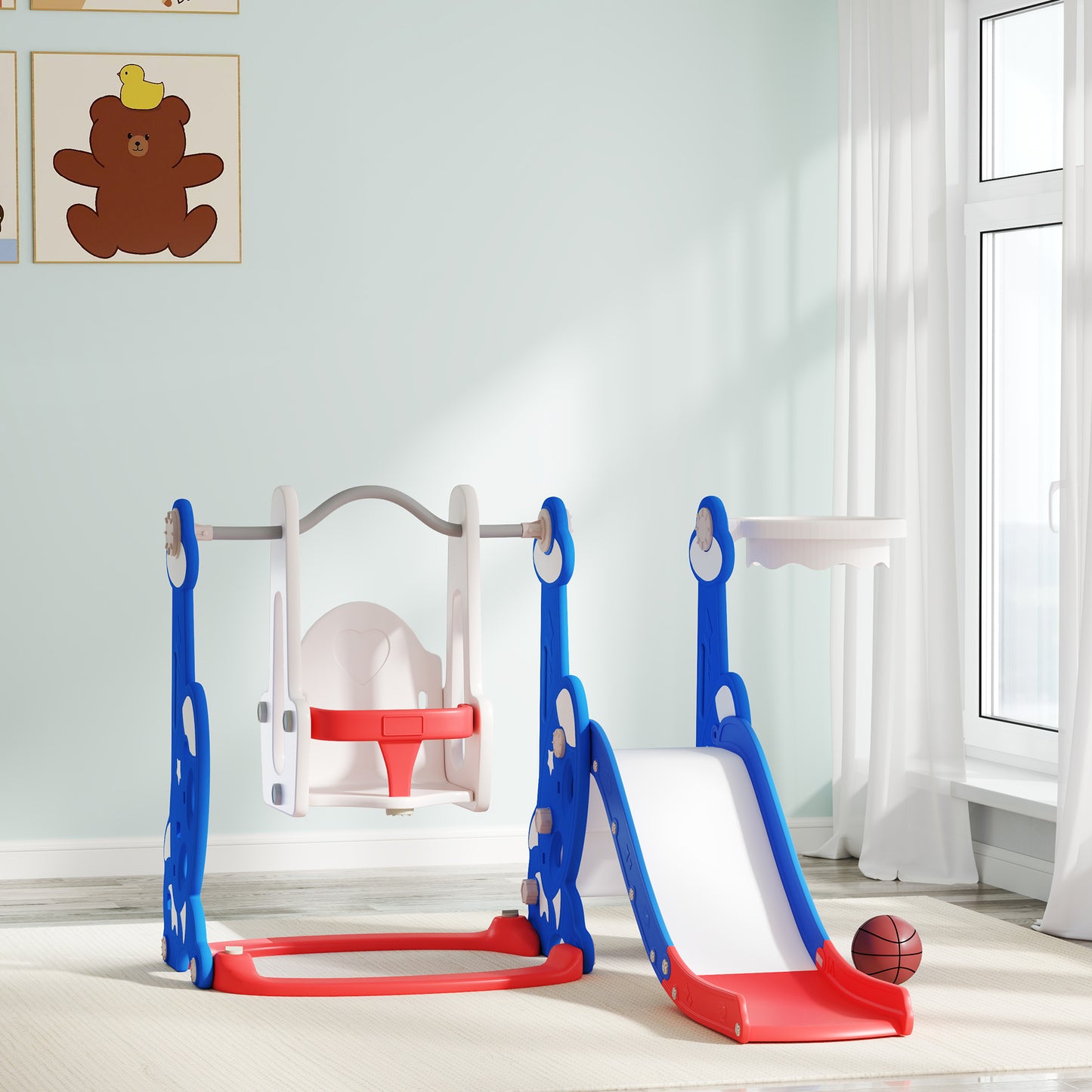 Qaba 8 in 1 Slide and Swing Set, Baby Swing Set with Basketball Hoop, Climber, Steering Wheel, for Aged 1-3 Years, Yellow
