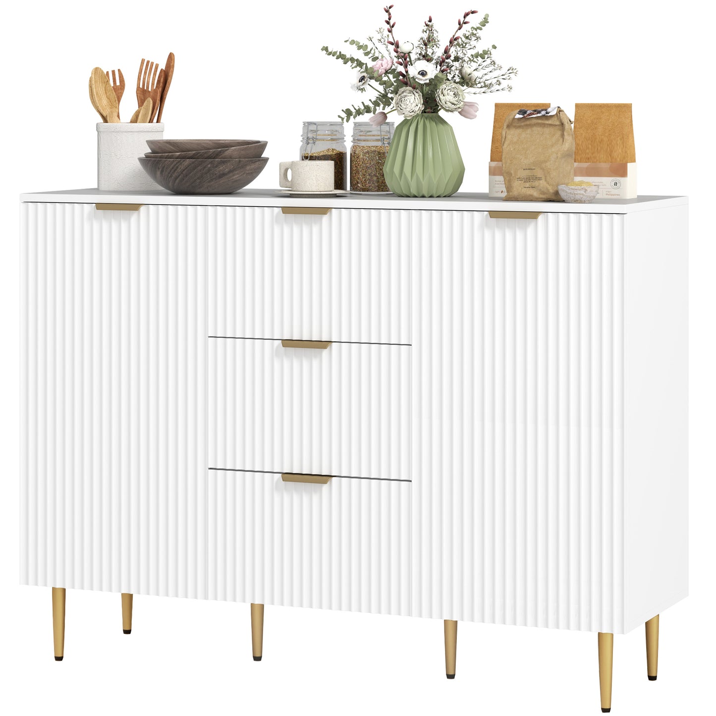 HOMCOM Modern Kitchen Storage Cabinet, Sideboard Buffet Cabinet w/ 3 Drawers and Adjustable Shelves for Kitchen Hallway, Grey