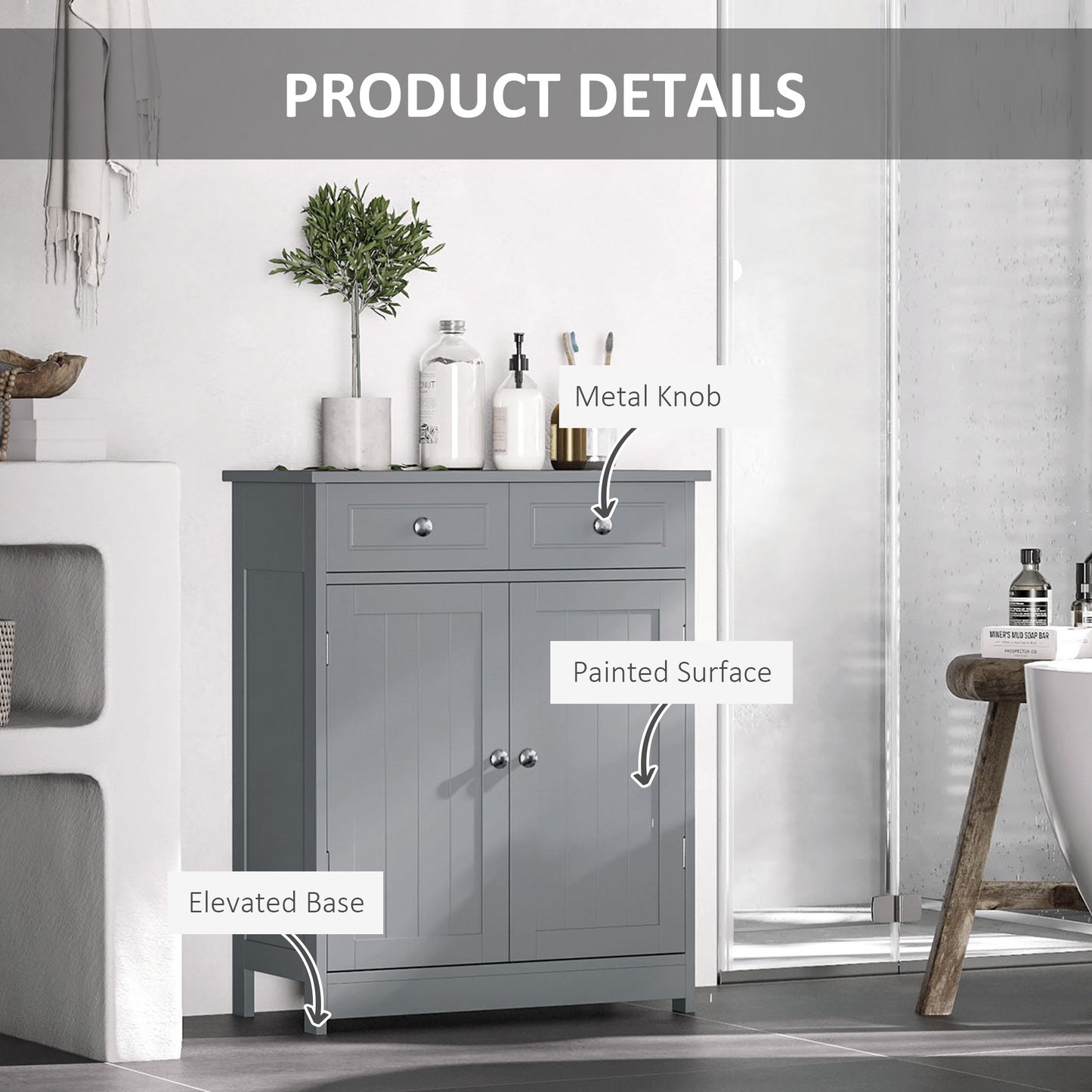 kleankin Freestanding Bathroom Floor Cabinet, Organizer Floor Tower with 2 Door, 2 Drawers, Adjustable Shelf, Grey