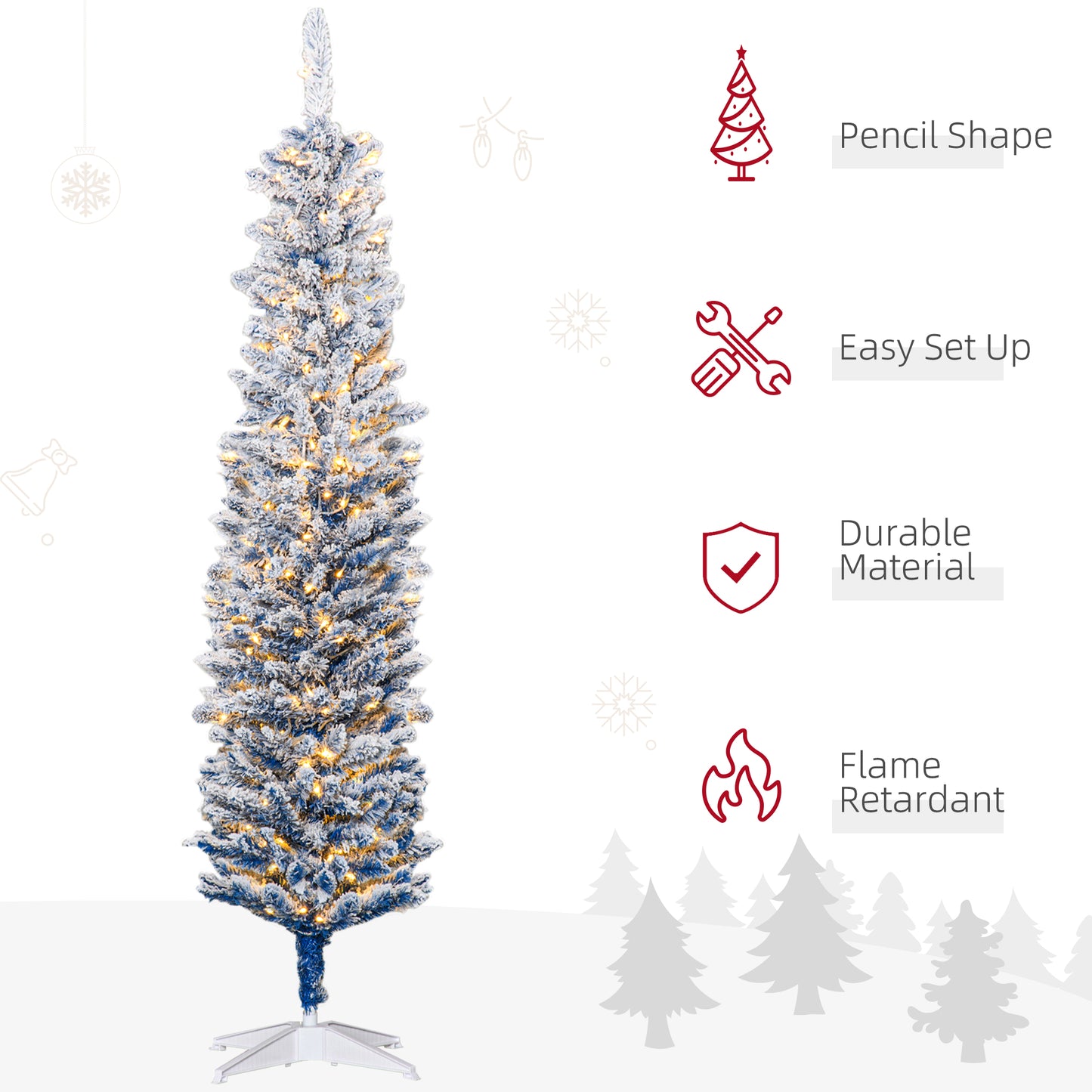 HOMCOM 6' Flocked Christmas Trees, Pencil Prelit Artificial Christmas Tree with Snow Branches, Pink