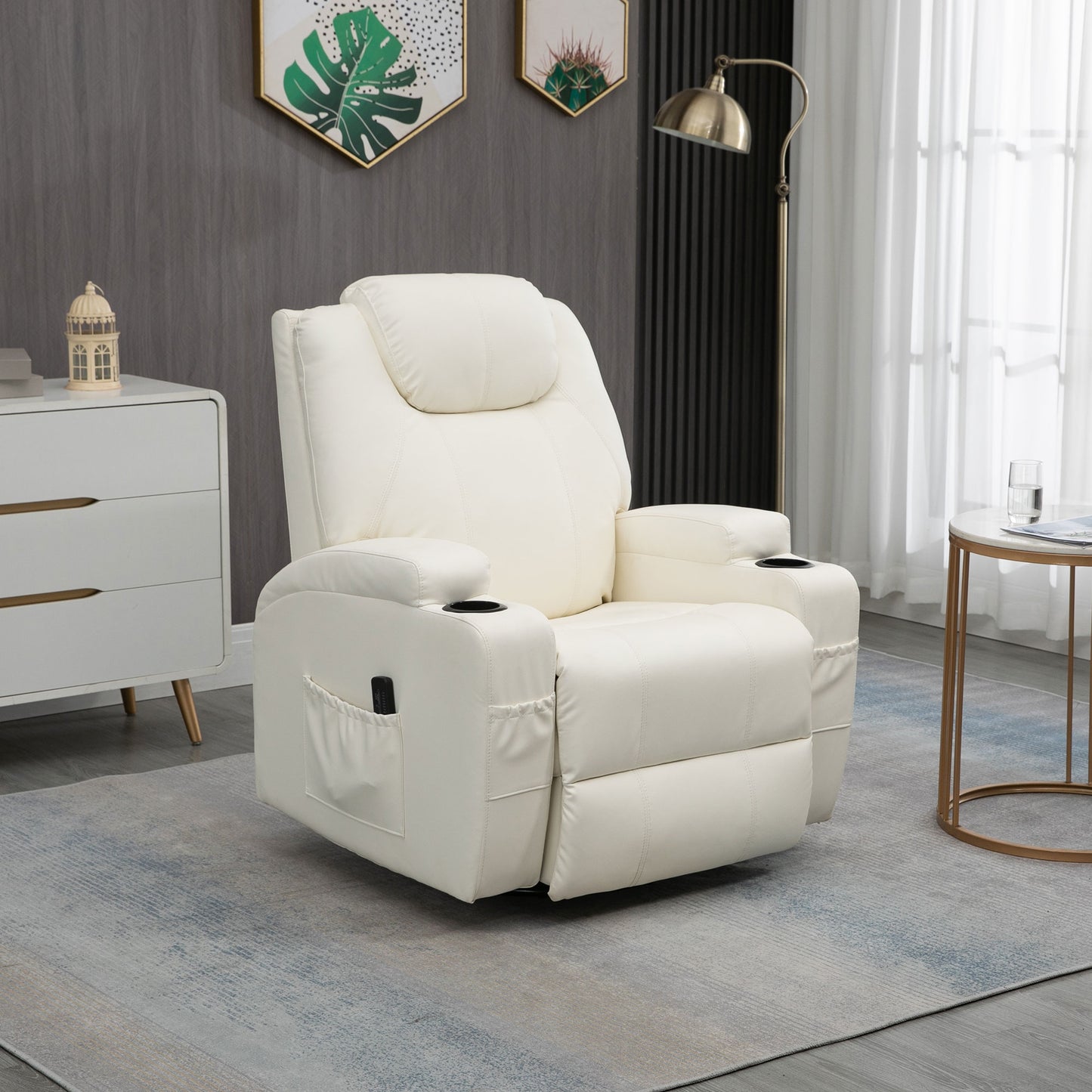 HOMCOM Massage Recliner Chair, Swivel Nursery Rocker Chair, Manual Reclining Sofa with 8 Vibration Points, PU Leather, Cup Holders, Side Pockets, for Living Room, Black