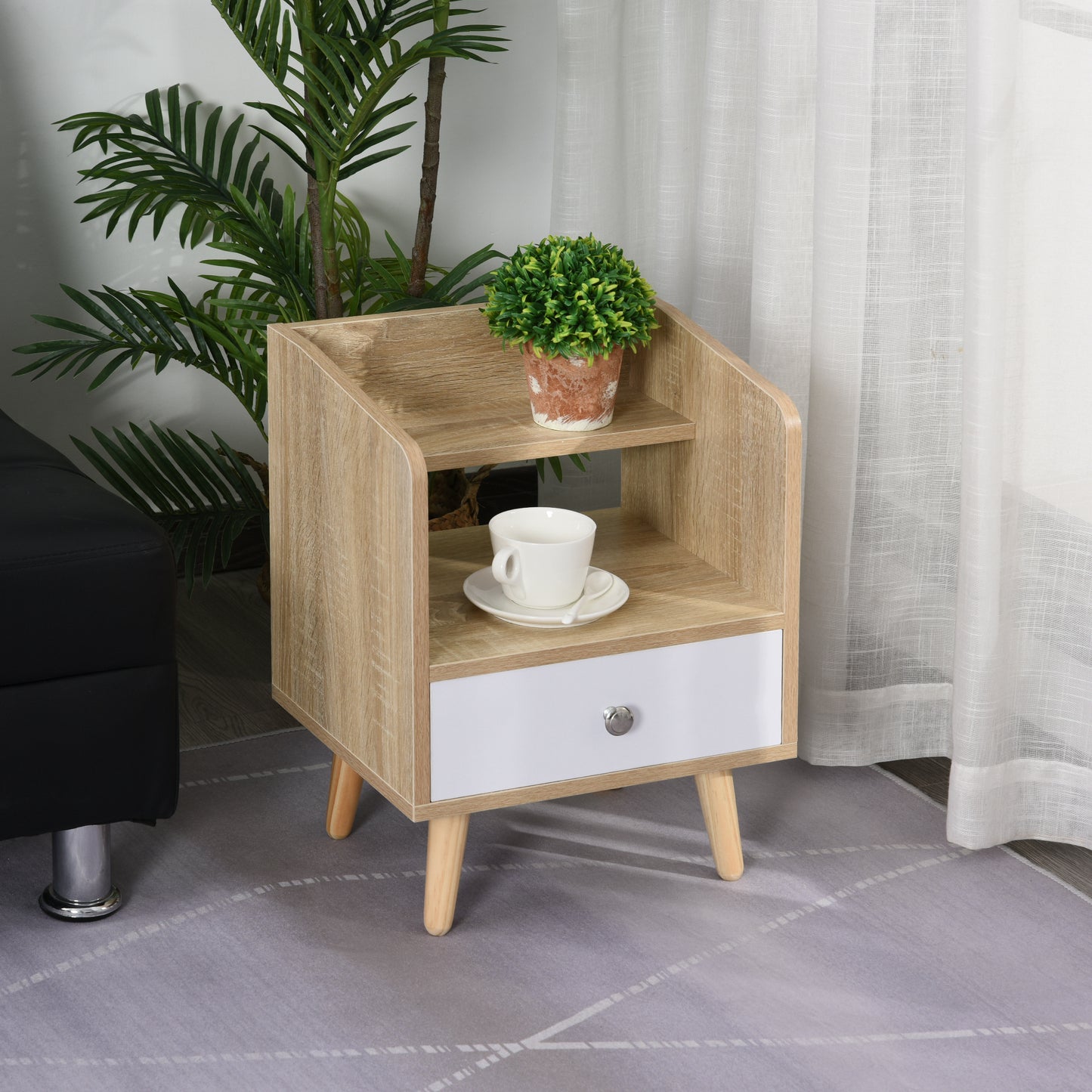 HOMCOM Bedside Table with 2-tier Shelf and Drawer, Side End Table with Storage for Living Room, Bedroom, Natural