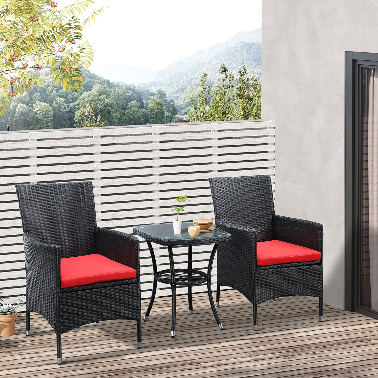 Outsunny 3 Pieces Wicker Patio Furniture Set, Rattan Bistro Set with Glass Top Coffee Table and Cushions, Outdoor Conversation Set for Garden, Porch, Balcony, Grey