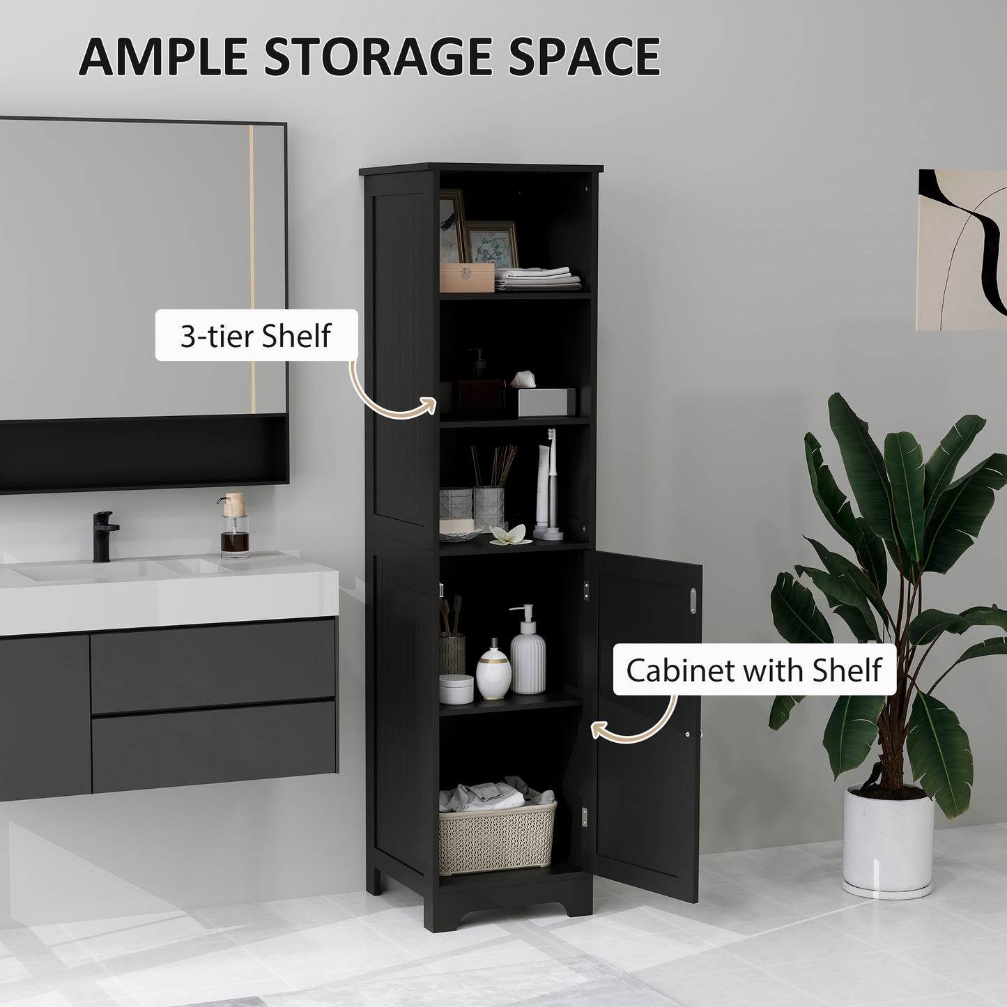 kleankin Tall Bathroom Storage Cabinet, Freestanding Tower Cabinet with Adjustable Shelf, 3 Open Shelves, White