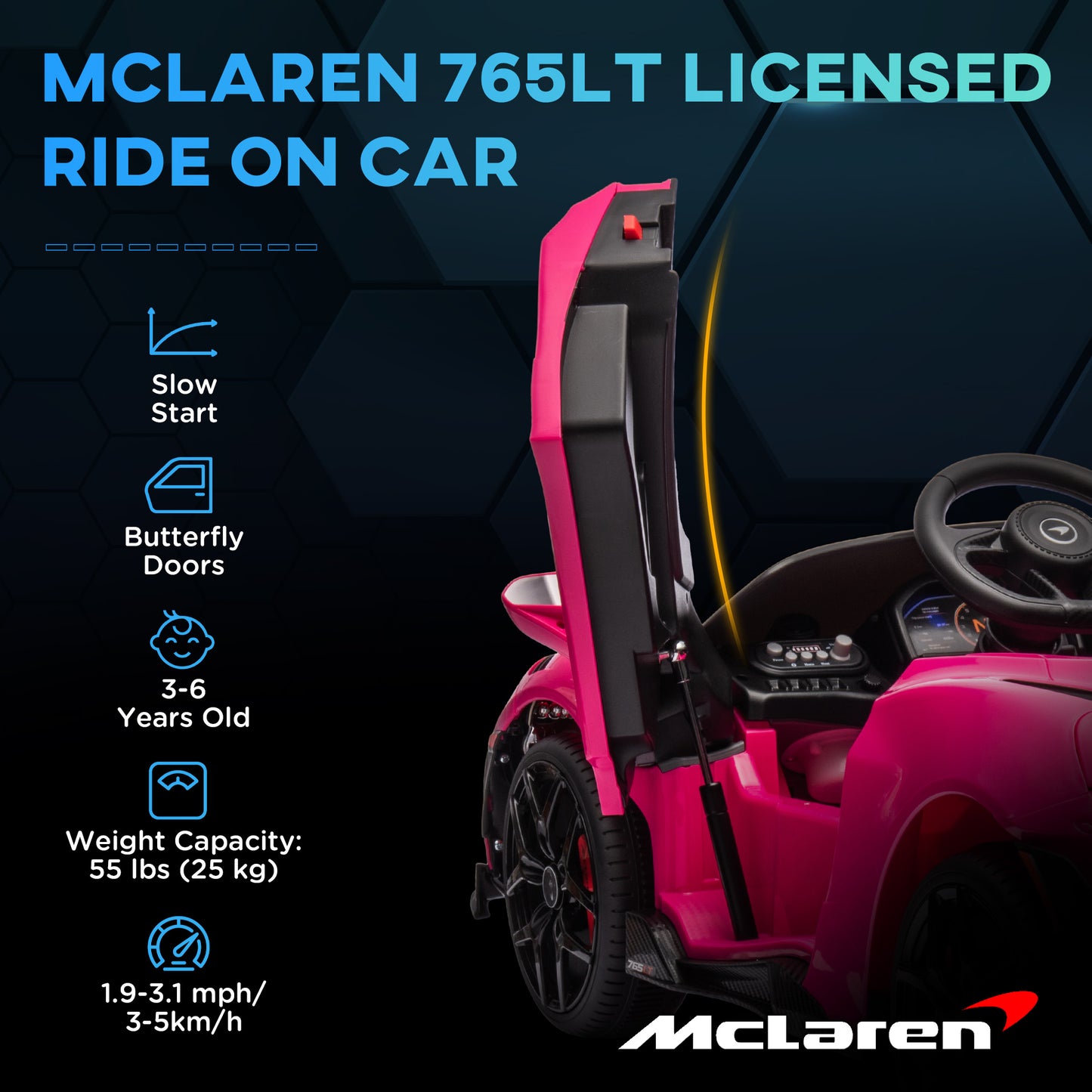 Qaba McLaren 765LT Licensed 12V Kids Electric Car w/ Scissor Doors, Transport Wheels, Remote, Slow Start, Music Horn Pink